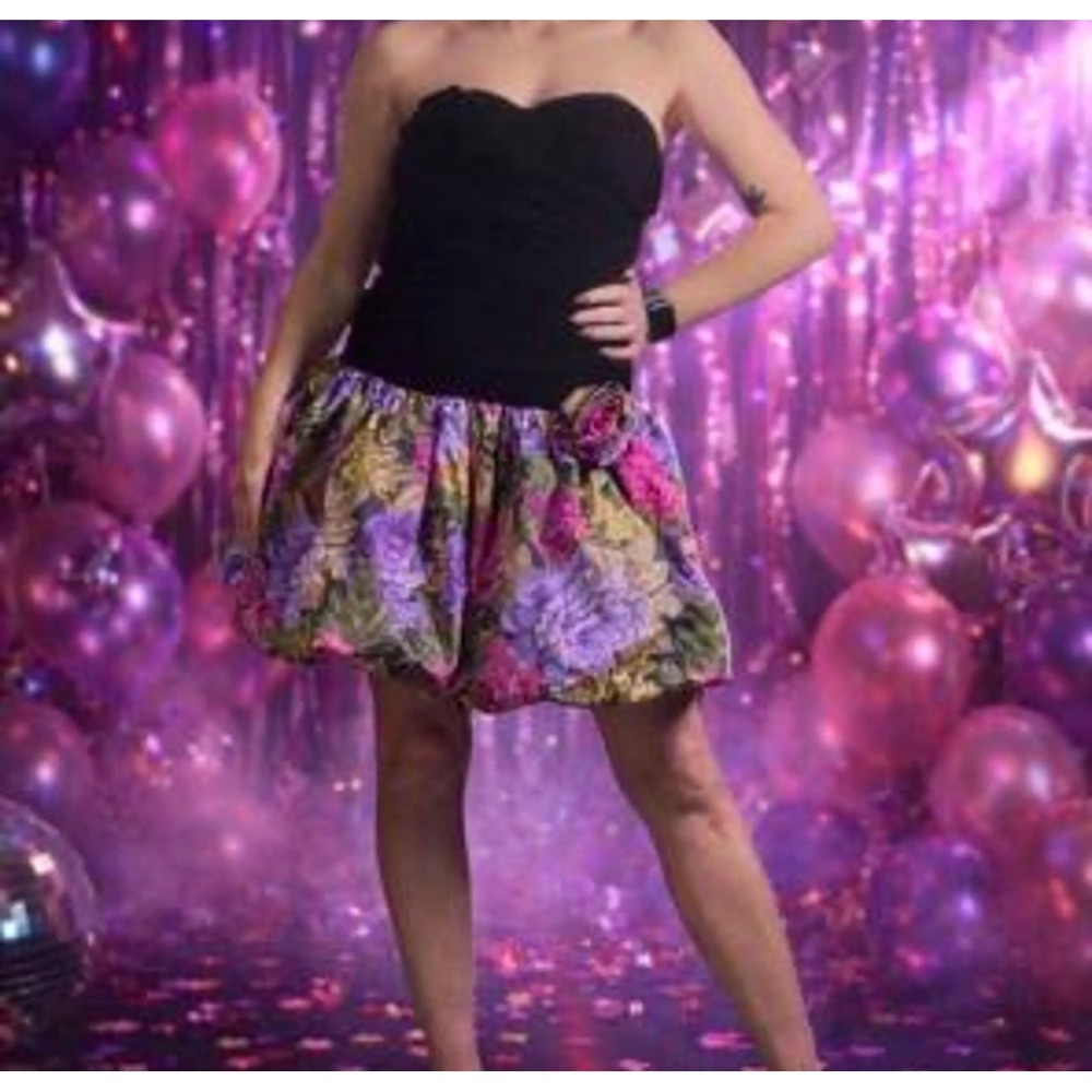 Vtg Strapless Mini Dress 8 Black Floral 80s Velvet Bubble Skirt Prom Homecoming